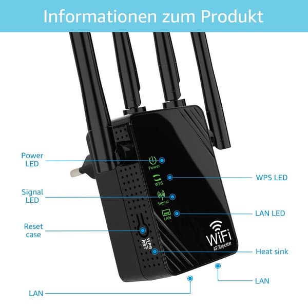 WLAN-repeater WLAN-forsterker 1200Mbit/s 5GHz & 2.4GHz dual-band W
