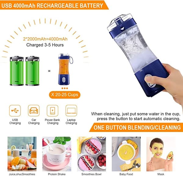 Marinblå Portabel Blender USB Uppladdningsbar Smoothie To Go Blenderkopp med Sugrör