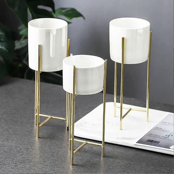 1 Set Blomkruka Stilren Järnram Blomsterställ Elegant Keramisk Blomkruka för Hemmakontor Rumsdekorationiang C