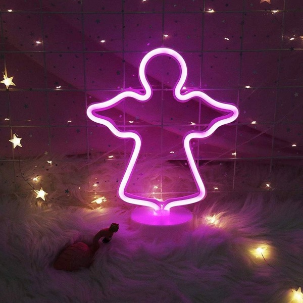 Neon LED Engelen nattlampe med base, batteri eller USB Neon LED lys