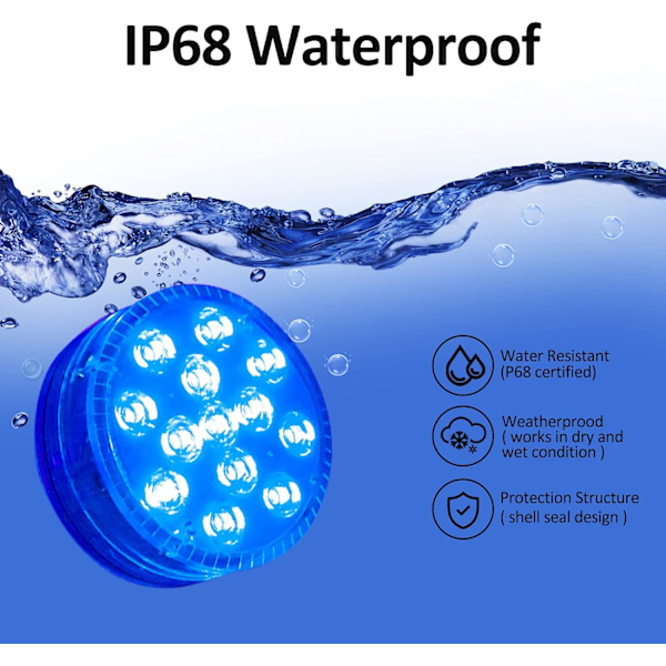 Nedsænkelig LED-lys, (2 stk. trådløse) IP68 Multi-farvet Swimming
