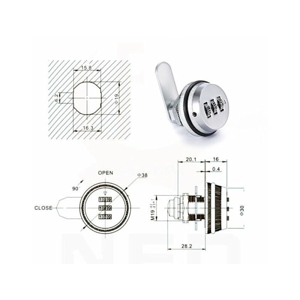 Postkasse Lås 20mm/30mm 3-Siffer Kombinasjonslås, Skap