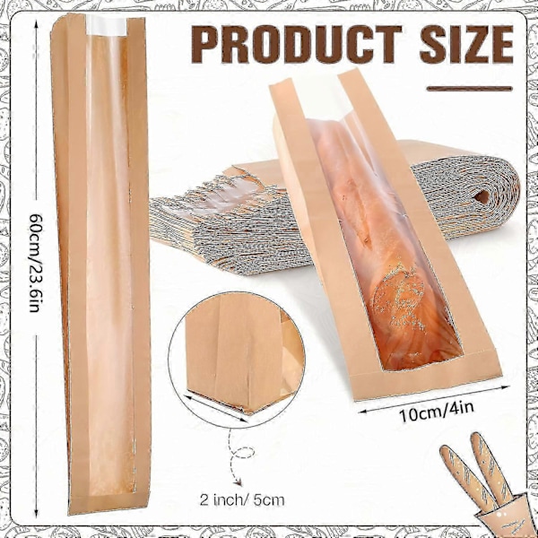 50 st, Brödpåse i papper med fönster för hembakat bröd, Baguettepåsar Brun Kraft Limpa Förvaringspåsar, Långa Franska Brödpåsar, Brödkex Förpackning B