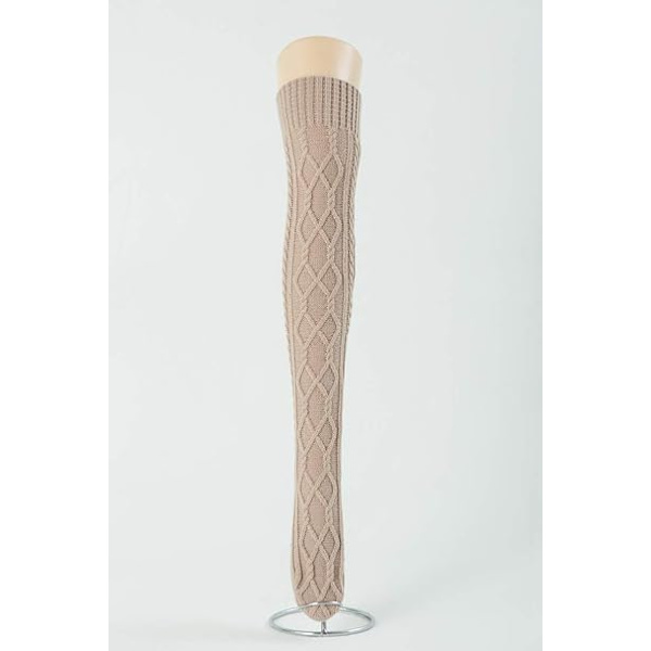 Langstrikkede sokker for kvinner - Beige, Vintervarme lårhøye sokker, Dame