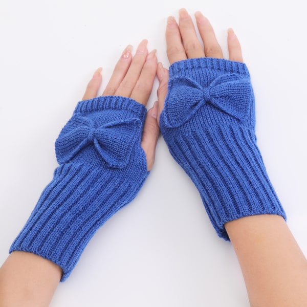 #Blå strikkede handsker fingerløse handsker med sløjfe#