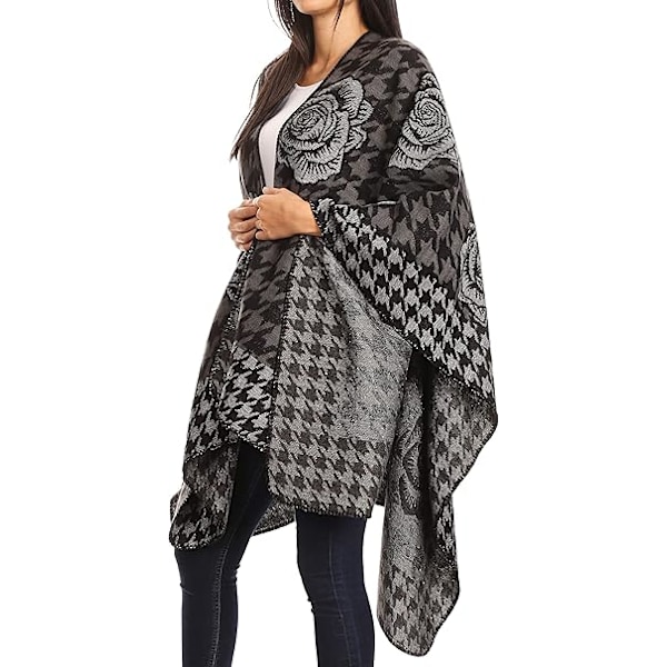 ##/Dames Modebevidst Blomstermønstret Vendbar Shawl Kappe - Sort, Shawl S##/