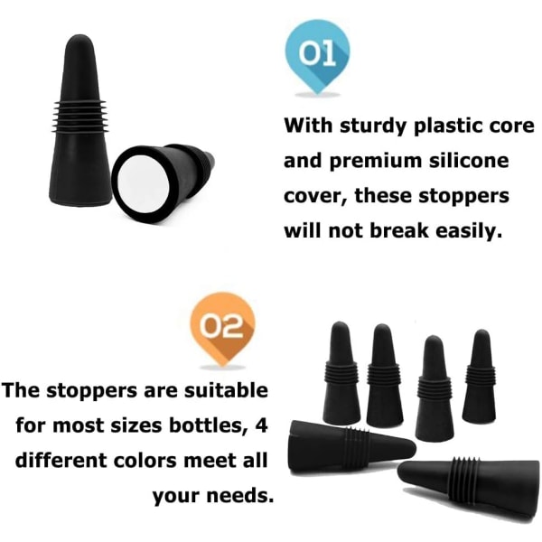 8 pakke gjenbrukbare silikon svarte vinpropper for drikkeflaske