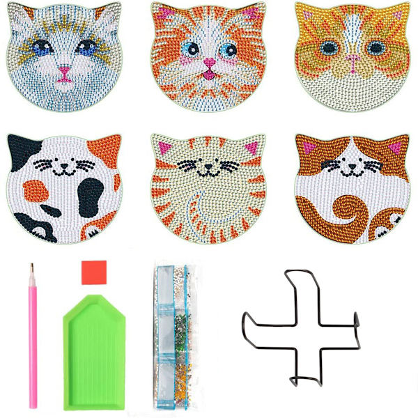 6-pakning DIY katte diamantmaleri coasters