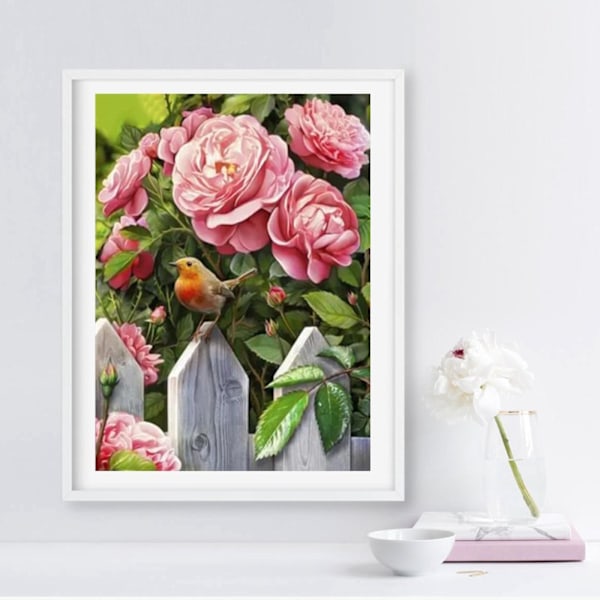 ##/Måla DIY 5D Diamantmålning Kit Blommor Rosor Landsbylandskap##/