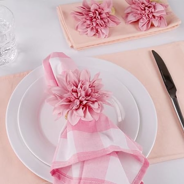 Håndlagde blomster serviettringer sett med 6, falsk rosa Dahlia serviettring