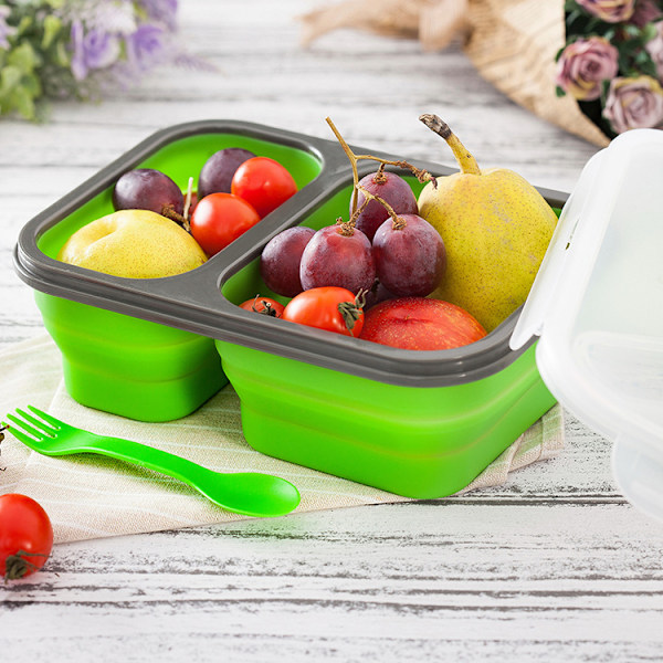2-Kammer Sammenklappelig Silikon Bento Madkasse med Bestik