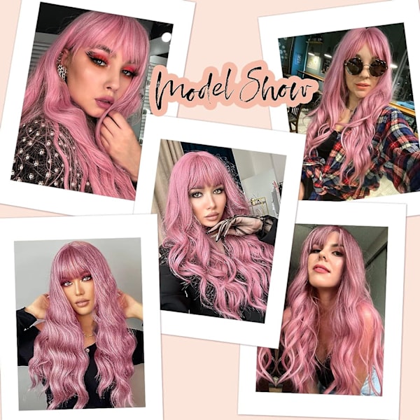 ##/Lång lockig peruk i sakura rosa med lugg, cosplay peruk##/