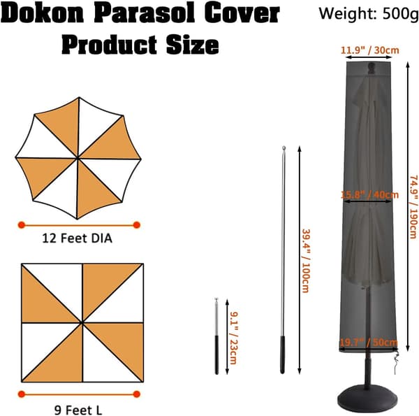 Parasolltrekk 2m til 4m, (190x30/40/50cm) - Heavy Duty Svart 420D