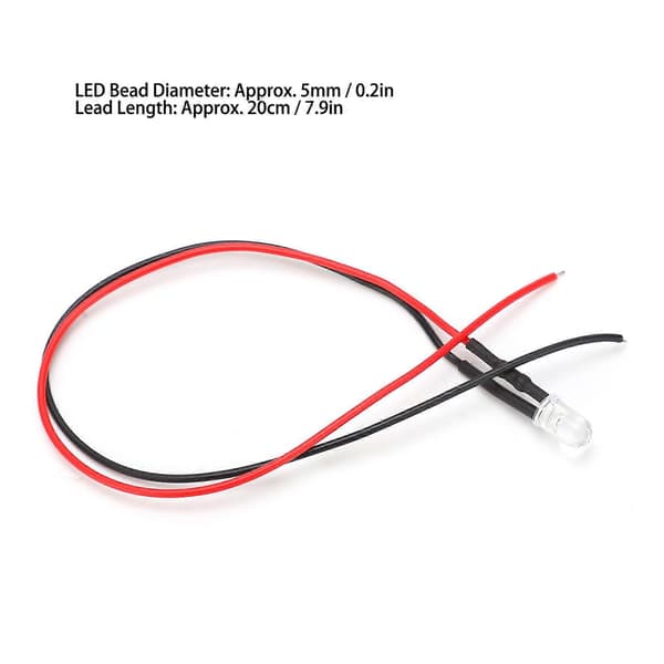 20 stk. LED Pre Wired LightEmitting Diode Normalt Åpen Rund Høy Lysstyrke InLine 12V 5mm (Hvit Emit Rød)