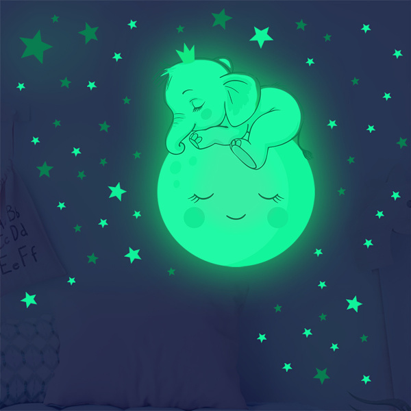 Kreativ Luminous Väggdekal Cartoon Elephant Moon Leende Fac