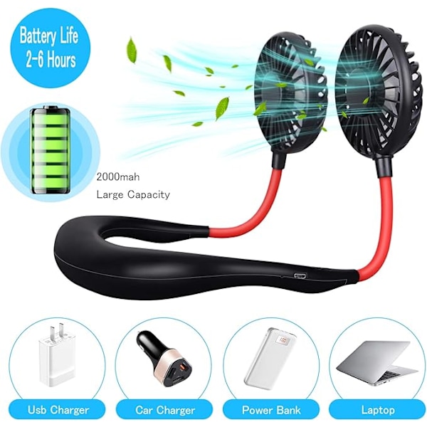 ##/(svart+rød)  Halsvifte  Bærbar USB-oppladbar LED-vifte Hodetelefon Design Håndfri Personlig##/
