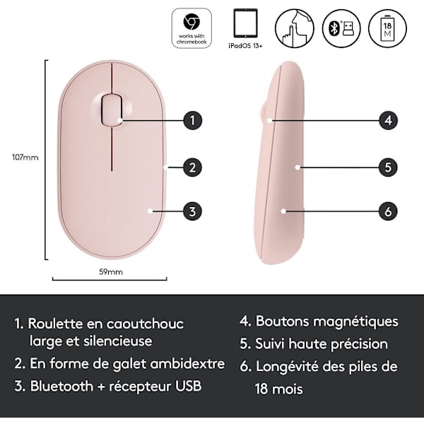 Rosa Trådlös Mus med Bluetooth eller 2.4 GHz-mottagare, Tyst a