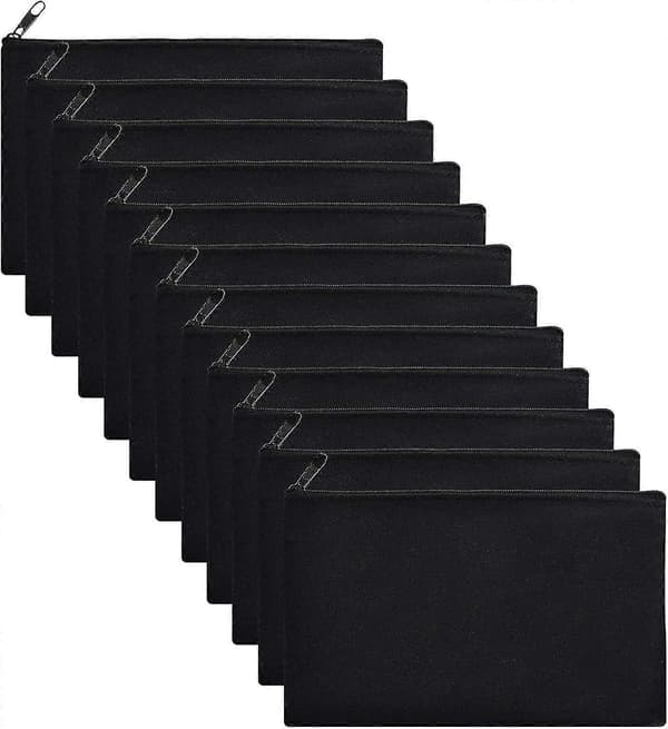 Lerretsposer med glidelås, tomme sminkeposer DIY håndverksposer penal 12 pack