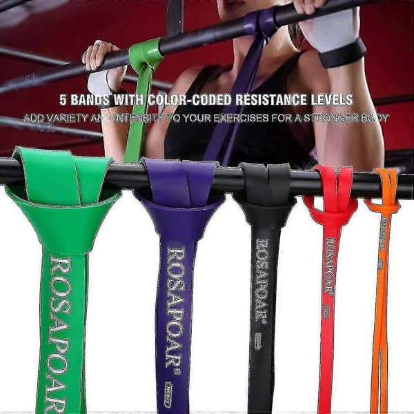 Set med 5 Pull Up Resistance Band - Hjälpband för träning, styrka, tyngdlyftning och powerlifting - Stretch, rörlighet, assistans
