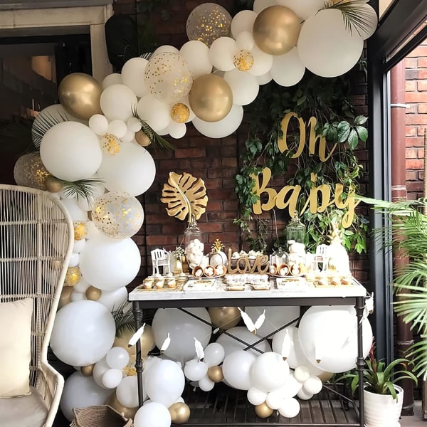 White Balloon Arch Garland Kit, 124Pcs White Gold Confetti Latex