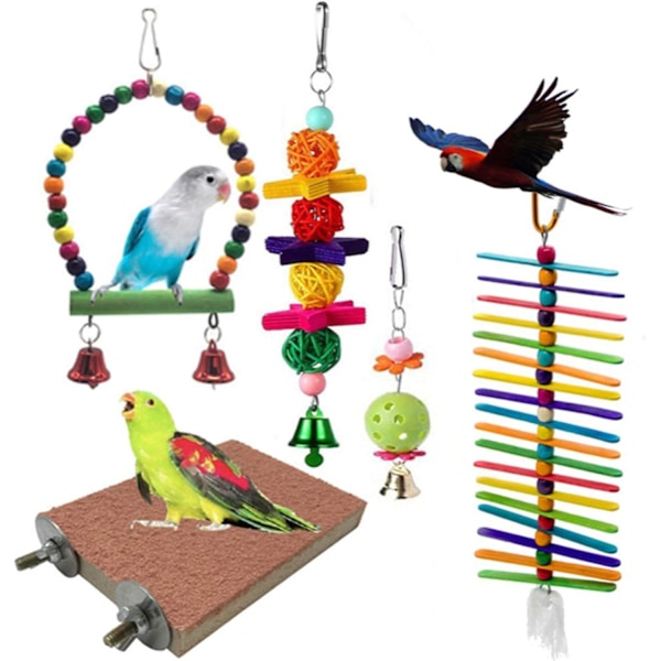 ##/Fugle Legetøj, 5 Stykker Tyggelegetøj, Svingende Pinde Træperler Bold Klokke##/