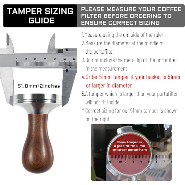 51 mm kaffepresse med 304 tampermatte i rustfritt stål, flat base