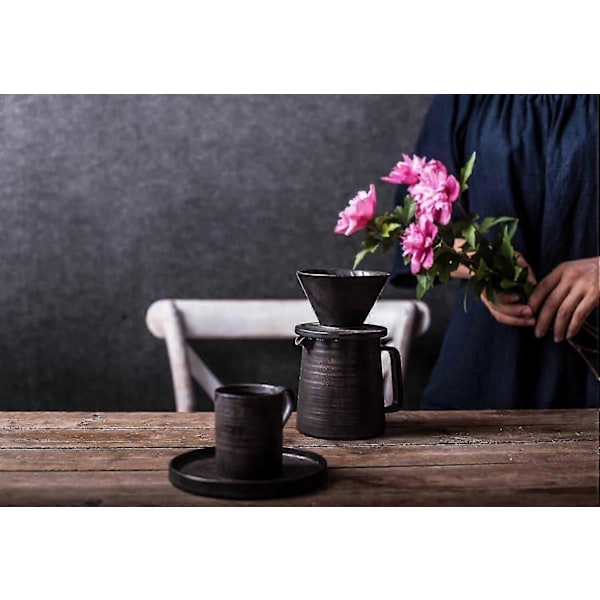Pour Over Kaffebryggare Set, Keramisk Dripper & Mikrovågsugnsäker Karaff, Retro Metallisk Glasyr, 47 cl