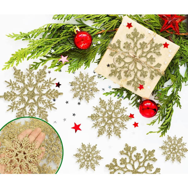 36 stycken juldekorationer i guld med snöflingor, plast, glitter, snö