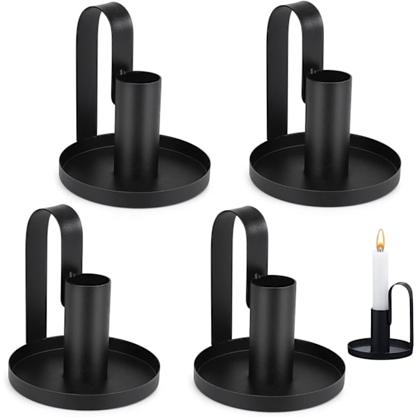 Svart - Set med 4 Metall Ljusstakar med Handtag Ljusstake
