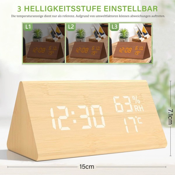 Trä Digital Väckarklocka, Trä Väckarklocka med 3 Alarm Inställningar