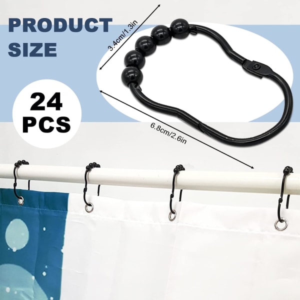 24-pack svarta duschdraperikrokar med rullpärlor och Sn