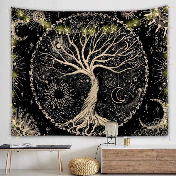 Livets Træ Vægtæppe Måne og Sol (150x200cm) Sort Psykedelisk