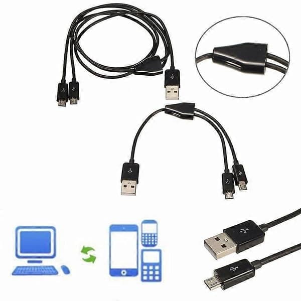 USB 2.0 Han til Micro USB 2.0 Han 1 til 2 Y Splitter Oplader Datakabel Ledning 20cm