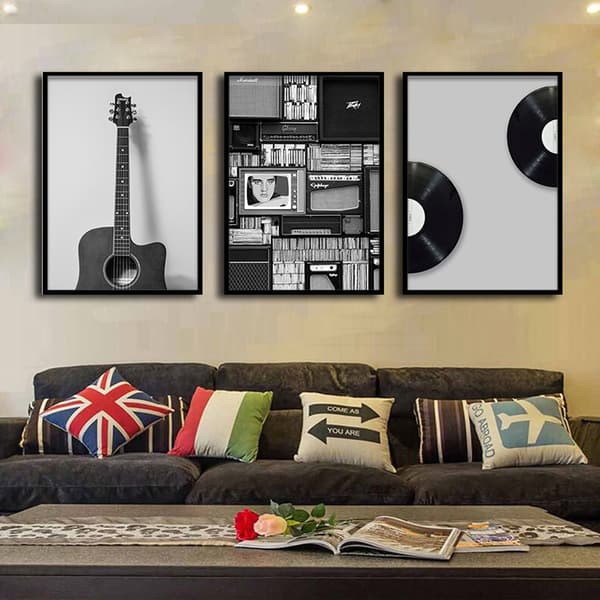 Dekorativt maleri til stuen - Sort og hvid guitar musikalsk