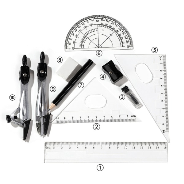 Drafting Kompasssett 10stk Skolematematikk Gradskivesett Linjaler fo