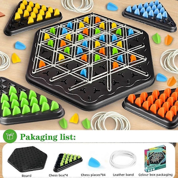 Kedje-triangel schackspel, Triggle gummibands-spel, 2 till 4 spelare för familjefest