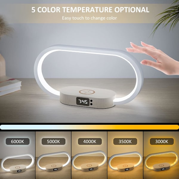 Sengelampe med trådløs opladning, Touch Control LED Bordlampe Dæmpbar