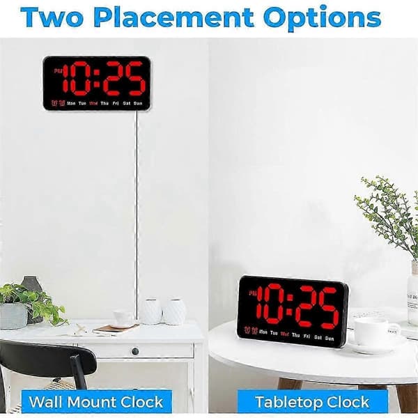 Digital väggklocka, 9-tums LED digital klockdisplay med 12/24H, stora siffror, liten tyst väggklocka (röd)
