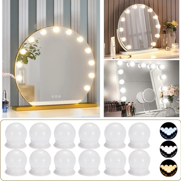##/(12 stycken) LED-spegellampa, LED-spegelbelysning, 3 färglägen, sminkbordlampa, sminklampa##/