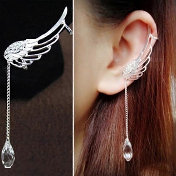 1 stk. Dame Engel Vinge Rhinestone Kvast Hænge Ørestik Øreklips Smykkegave Ear Stud Left