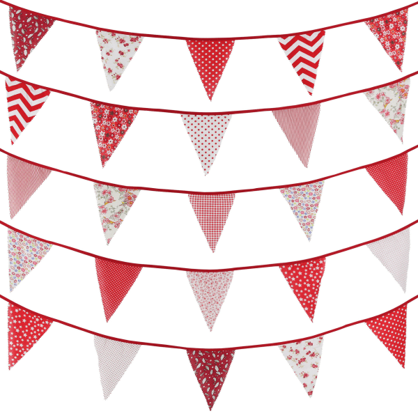 40ft Tyg Bunting Banner Röd Blommig Vintage Bunting Flaggor Återanvändbar Bomull Triangel Flagga Girlang med 42st Vimplar för Trädgård Bröllop Baby Shower