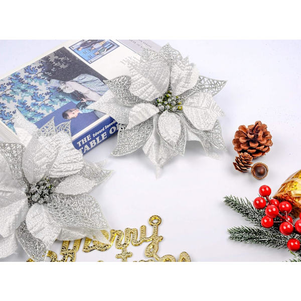 12 stk. Kunstige Julestjerner Juleblomster Glitterpynt