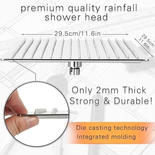 ##/Kvadratisk Dusjhode med Kalkbeskyttelse  Vannbesparende Regn Dusjhode med Rustfritt Stål Dyser 12 tommer/30cm Polert Krom Finish (Speil)##/