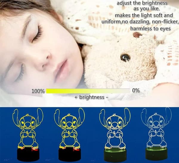 Stitch Lampe 3D Manga LED Natlampe, Stitch Sengelampe Nat L