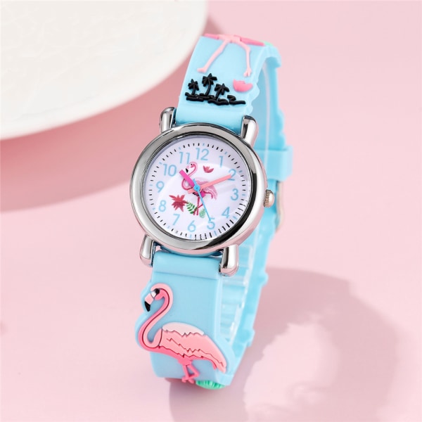 Barneklokke (blå, flamingo), vanntett armbåndsur for barn