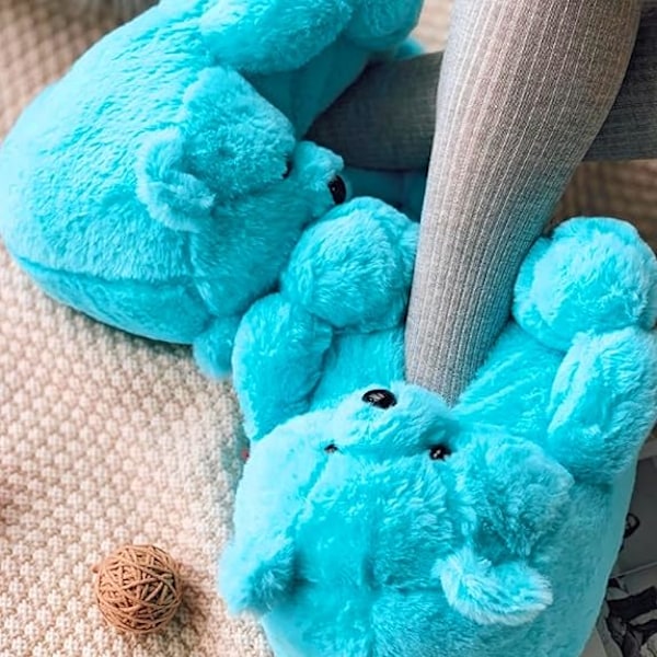 Faux Pels Hjemmesko med Teddybjørn - Blå til Kvinder og Piger