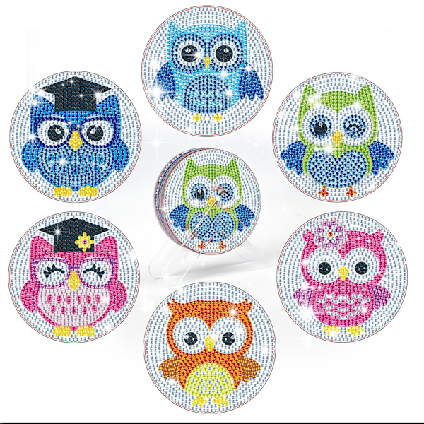 ##/Set med 6 DIY-diamantmålningar underlägg - Uggla m##/