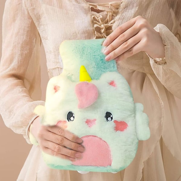 Plush Varmtvannflaske, Lyseblå Enhjørning 500ml Tegneserie Fluffy H