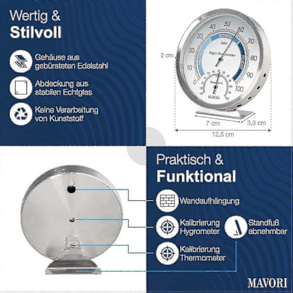 Analog Hygrometer Termometer för Inomhusbruk Rostfritt Stål Fuktighetsmätare Och Rumstermometer