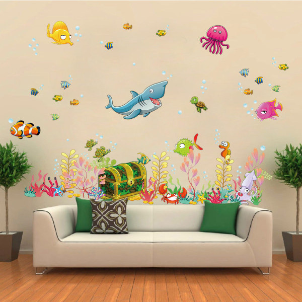 Veggklistremerker for barn (90x28,5 cm) Aquarium Fish Sea Ocean Stickers